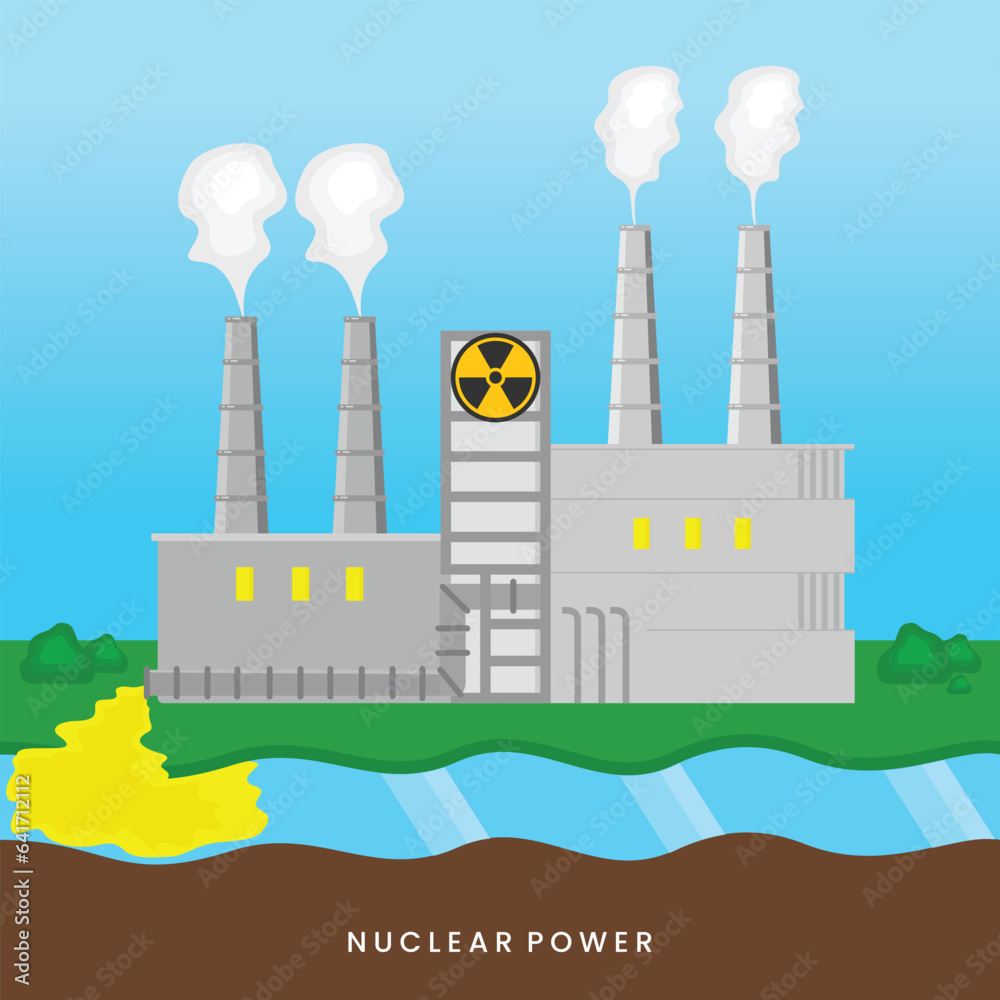 Naklejka premium Nuclear power plant flat color vector illustration. 2D cartoon landscape of industrial facility with atomic reactor and environmental pollution. 