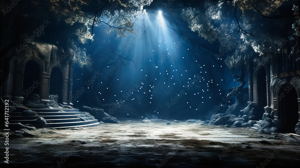 Silvery moonlight streaming onto the stage from a hidden projector, turning night into day