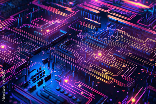 Abstract computer circuit board and IC chip lines are illuminated with neon lights in suitable for wallpaper background. Technology concept suitable for machines and high performance.