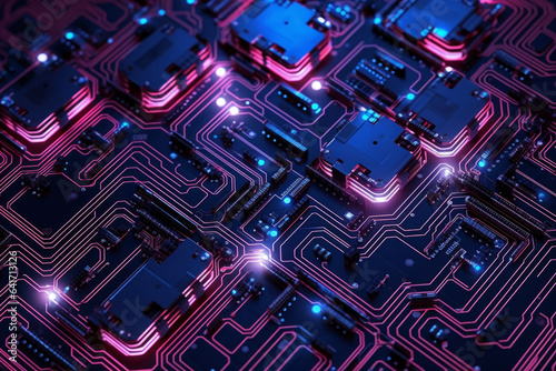 Abstract computer circuit board and IC chip lines are illuminated with neon lights in suitable for wallpaper background.　Technology concept suitable for machines and high performance.