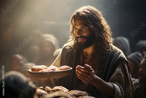 Jesus Christ fed bread to the poor , bible religion, gospels, ancient scriptures history, Jesus hands giving bread to poor , biblical story to feed hungry, charity. photo