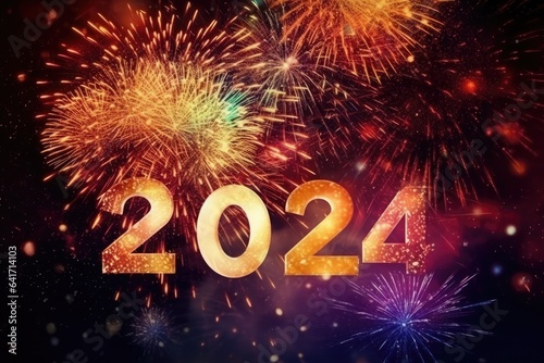 2024 Happy New Year background with colorful fireworks