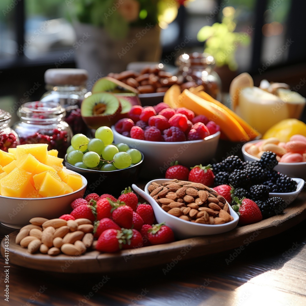 Healthy food selection with fruits and berries in bowls on wooden table. Healthy food selection with fruits and berries in bowls on wooden table.