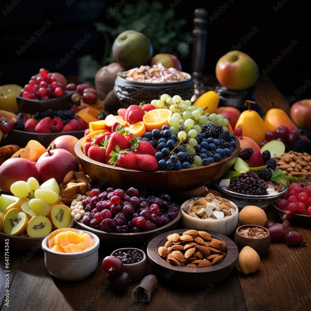 Healthy food selection with fruits and berries in bowls on wooden table. Healthy food selection with fruits and berries in bowls on wooden table.