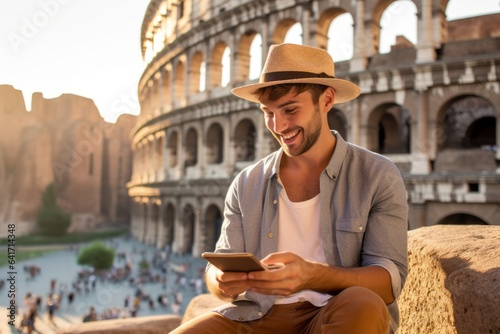 Environmental portrait photography of a happy boy in his 20s using a tablet showing off a whimsical sunhat against the colosseum in rome italy. With generative AI technology