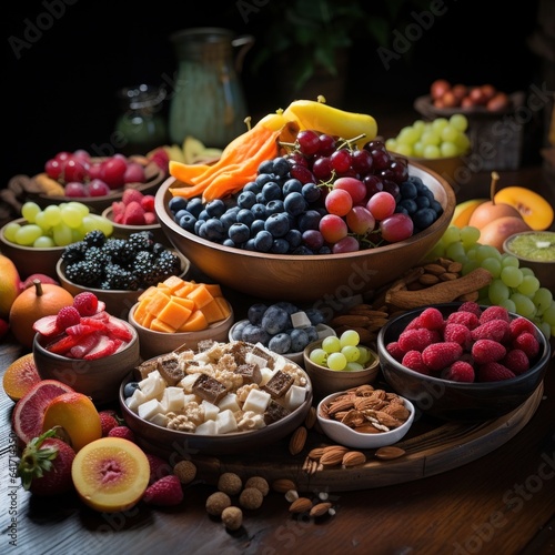 Healthy food selection with fruits and berries in bowls on wooden table. 