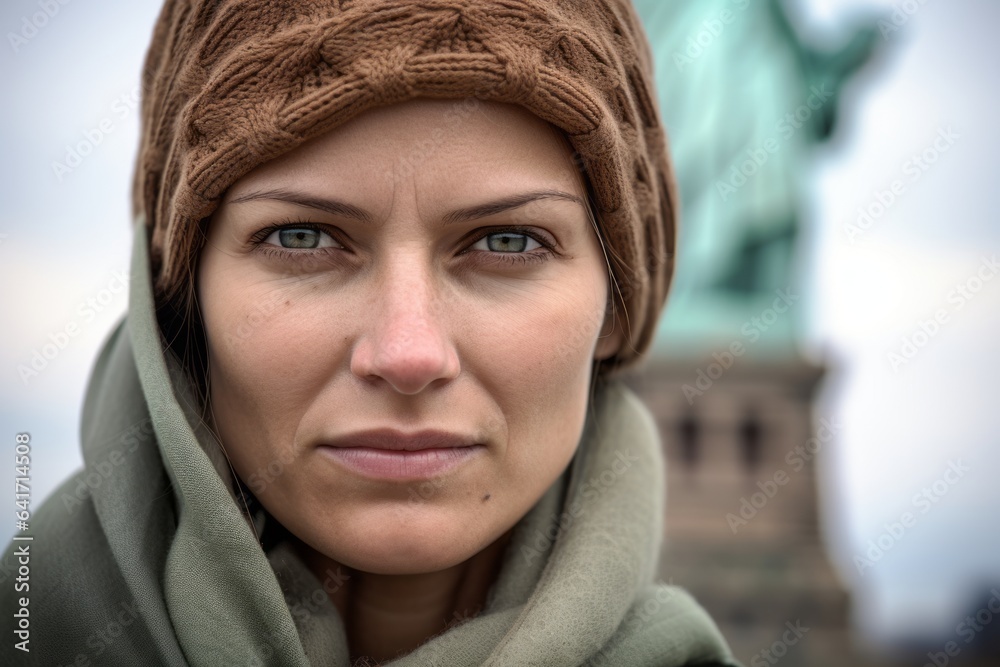 Close-up portrait photography of a tender girl in her 30s rolling eyes wearing a versatile buff in front of the statue of liberty in new york usa. With generative AI technology Close-up portrait photography of a tender girl in her 30s rolling eyes wearing a versatile buff in front of the statue of liberty in new york usa. With generative AI technology