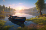 sunrise on the lake boat background Generative AI