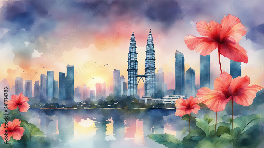 Obraz premium kuala lumpur city center KLCC with hibiscus in watercolor painting