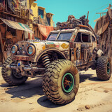 Graffiti style concept car on the street. Offroad 4x4. Monster truck