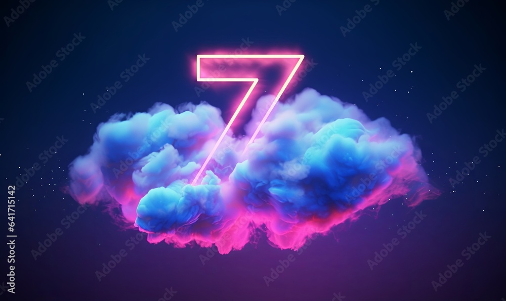 3d render, neon linear number seven and colorful cloud glowing with pink blue neon light, abstract fantasy background, Generative AI - obrazy, fototapety, plakaty 