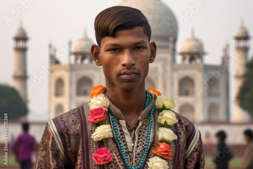 Photography in the style of pensive portraiture of a blissful boy in his 30s holding a rose donning a bold statement necklace in front of the taj mahal in agra india. With generative AI technology