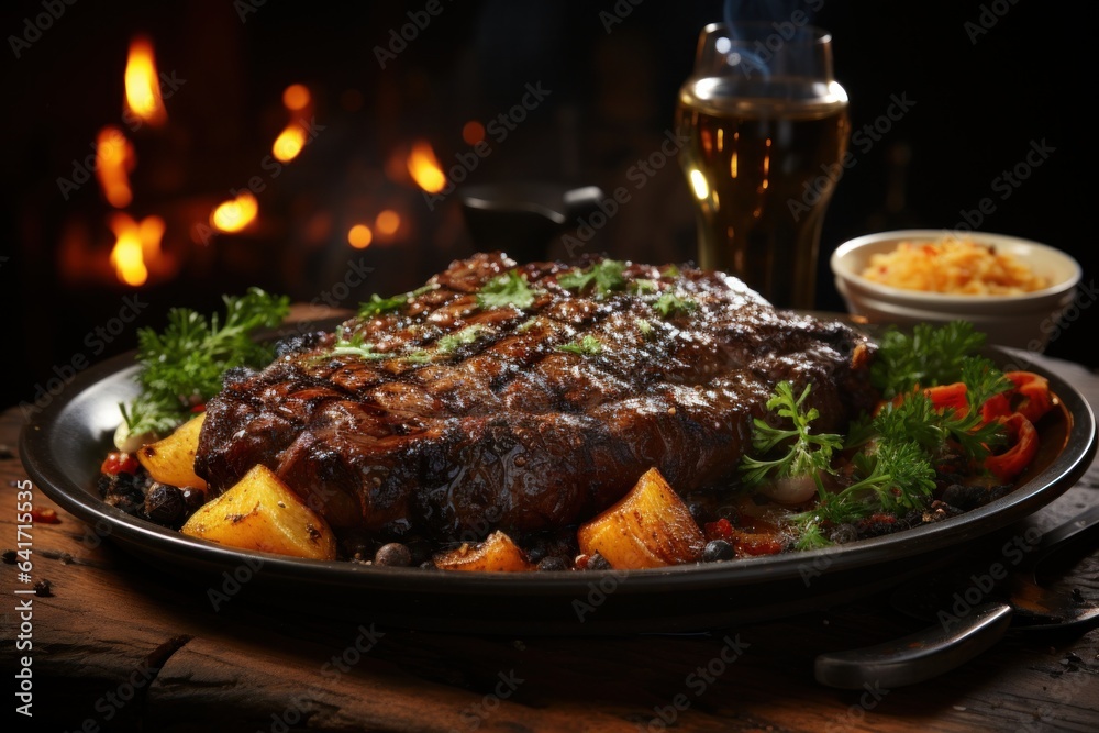 Delicious grilled meat with vegetables on plate on wooden table, closeup Delicious grilled meat with vegetables on plate on wooden table, closeup
