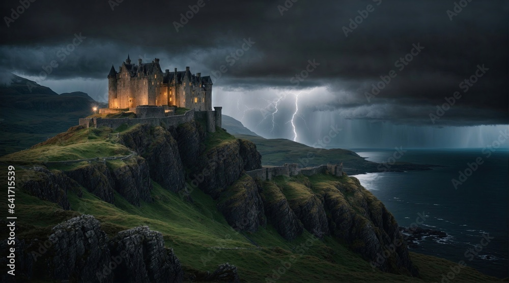 Fantasy medieval castle in Scottish highlands on rocky mountains during the thunderstorm. Scotland nature in moody vibes.