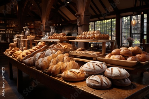Bread in a bakery in the old town. Different types of bread on counter in bakery, closeup. Food delivery service 