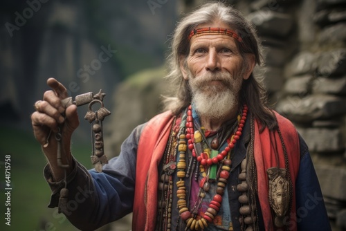 Medium shot portrait photography of a blissful mature man holding a wrench donning a bold statement necklace at the machu picchu in cusco peru. With generative AI technology