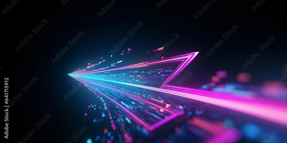 3d render, abstract neon arrow turns right. Speed and technology concept. Glowing pink blue lines and bokeh lights, Generative AI - obrazy, fototapety, plakaty 
