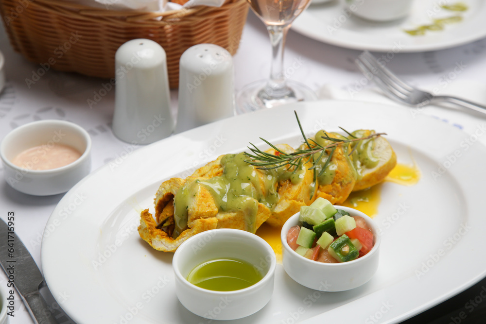 Stuffed chicken rolls served with sauce and vegetables on the resturant table Stuffed chicken rolls served with sauce and vegetables on the resturant table