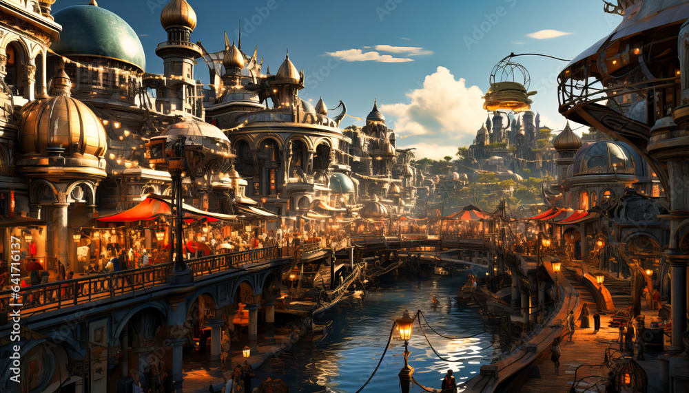 A bustling floating market in a steampunk cityscape, with vendors selling clockwork trinkets and steam-powered contraptions - obrazy, fototapety, plakaty 