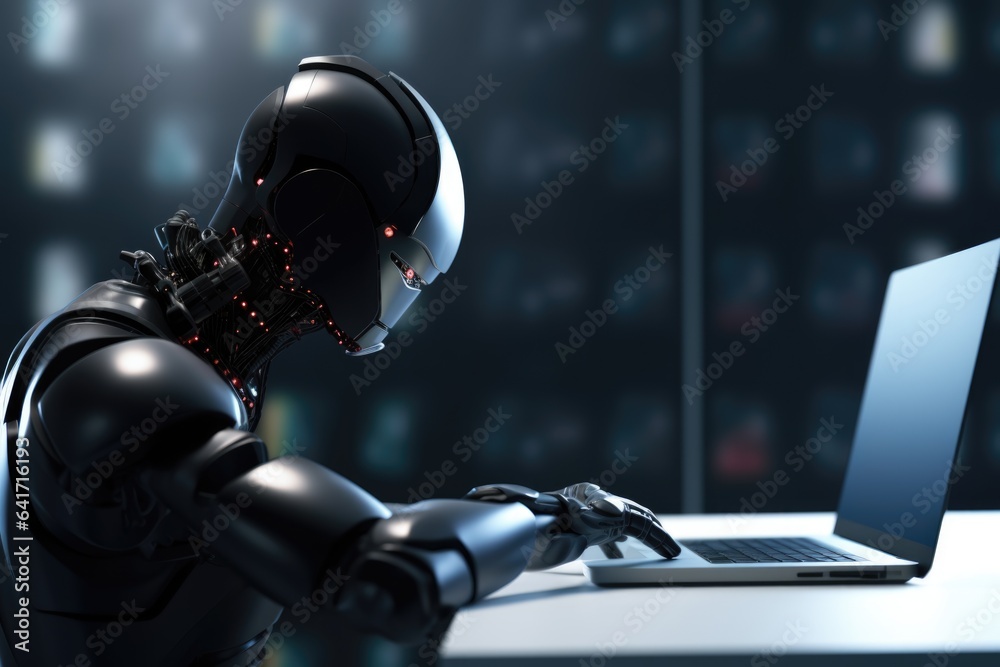 Anthropomorphic black robot sitting at a laptop. Concept of the dangers of AI.
