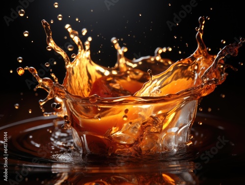 Cup of coffee with splashes on dark background, closeup. 