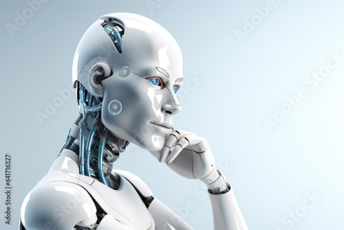 Portrait of a pensive anthropomorphic robot on white background. AI technology concept.