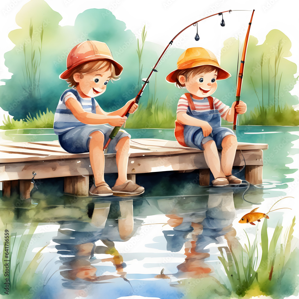 Children catche a fish early in the morning