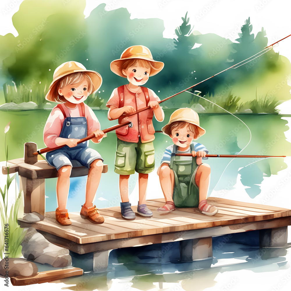 Little children fishing in the river