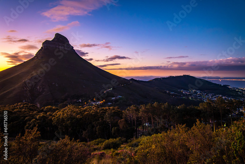 View of Lion's head from Kloof Corner hike at sunset in Cape Town, Western Cape, South Africa