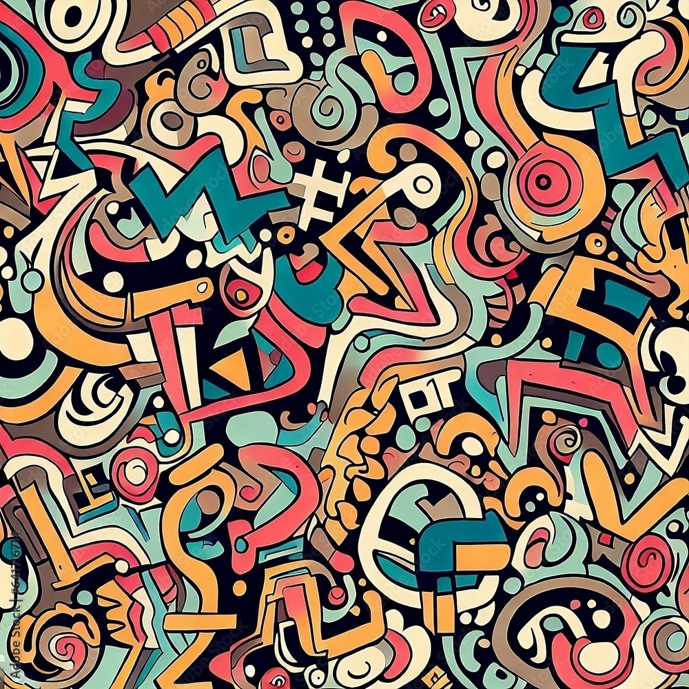 Close Up of a Large Group of Different Abstract Fun Funky Whimsical Colorful Busy Ugly Spaghetti Psychedelic Cartoon Swirl Doodle Shapes Subconscious Creativity Expressive Art Forms Pattern Wonderland