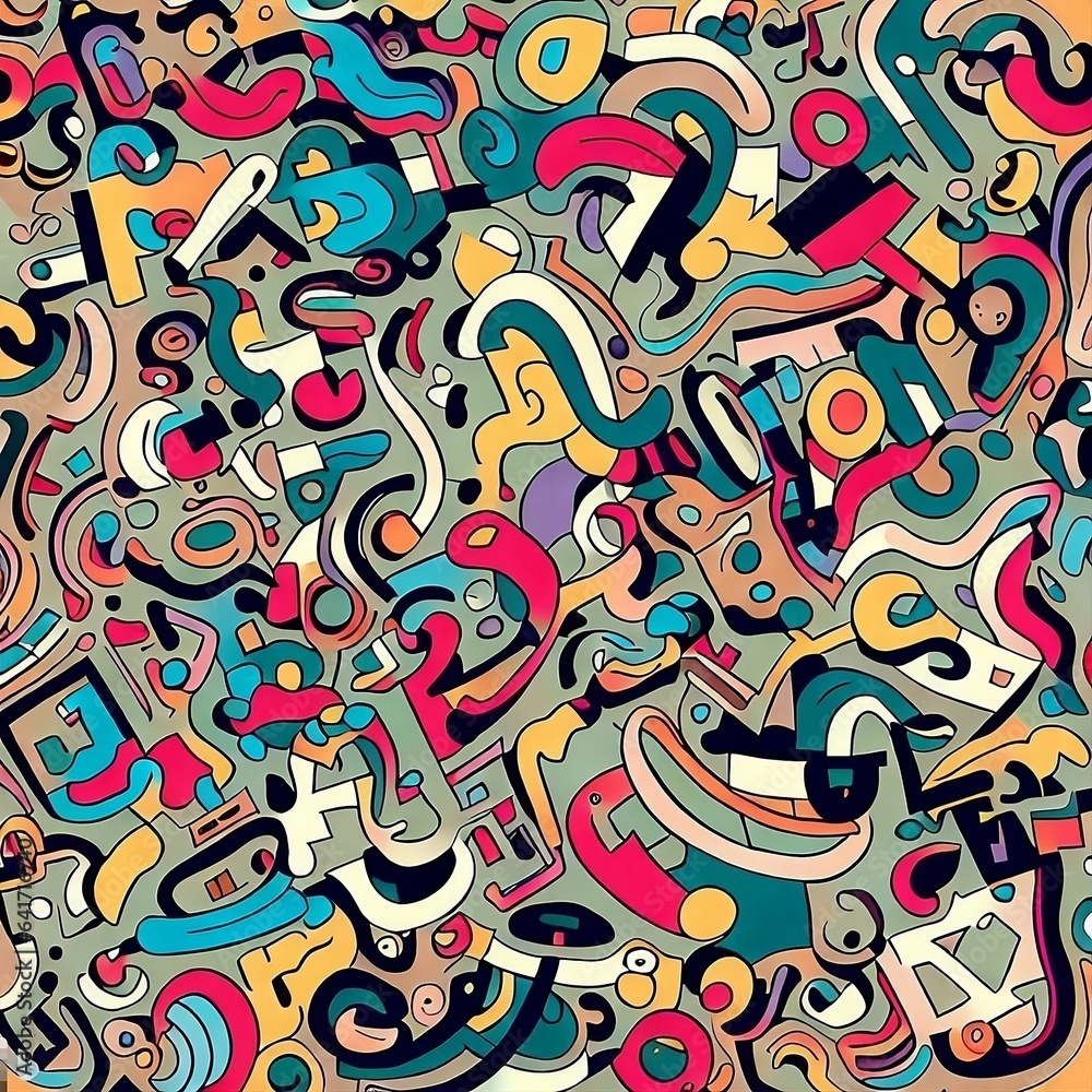 Fototapeta premium Close Up of a Large Group of Different Abstract Fun Funky Whimsical Colorful Busy Ugly Spaghetti Psychedelic Cartoon Swirl Doodle Shapes Subconscious Creativity Expressive Art Forms Pattern Wonderland