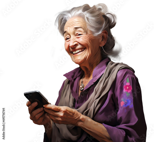 Starsza, uśmiechnięta, pozytywna kobieta z telefonem komórkowym.