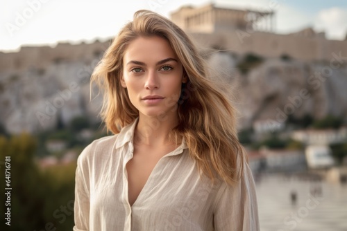 Headshot portrait photography of a satisfied girl in her 30s holding a pen wearing a delicate silk blouse in front of the acropolis in athens greece. With generative AI technology