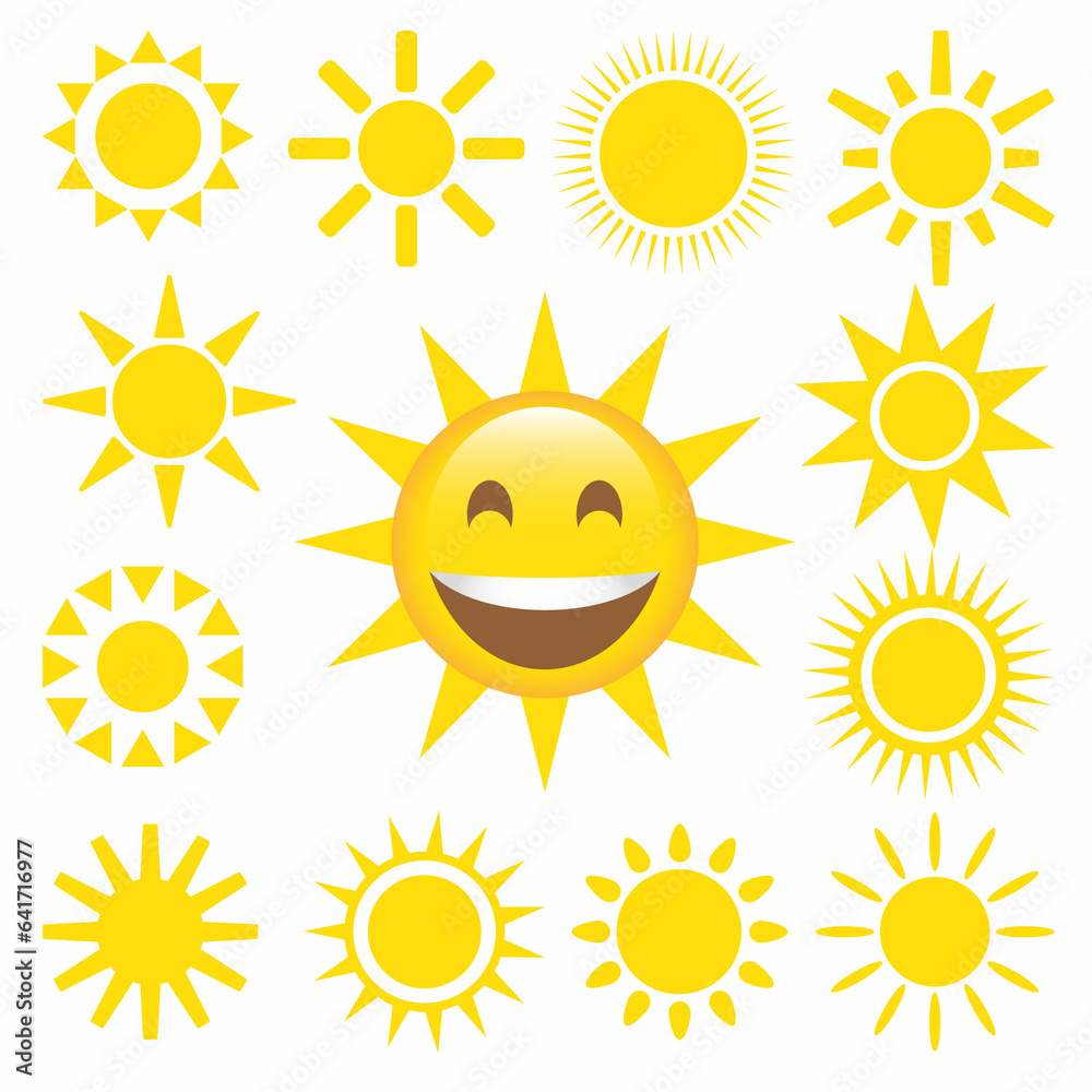 Happy yellow sun emoji with smiled face and sunglasses, hot summer season vector illustration set of sun face, smile expression emotion