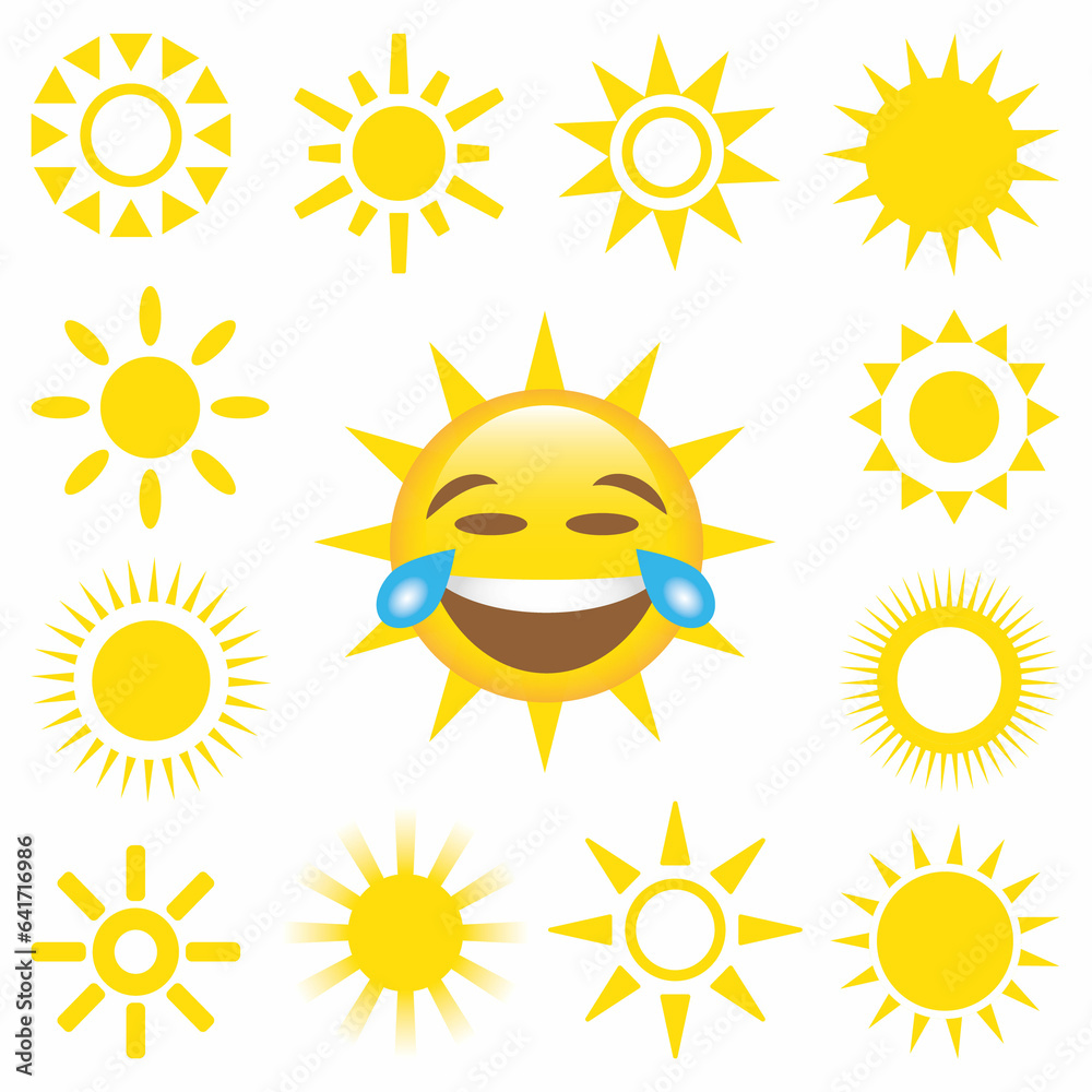 Happy yellow sun emoji with smiled face and sunglasses, hot summer