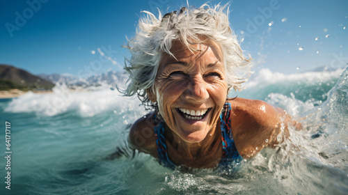 Portrait of a happy senior woman in the sea with blue sky 