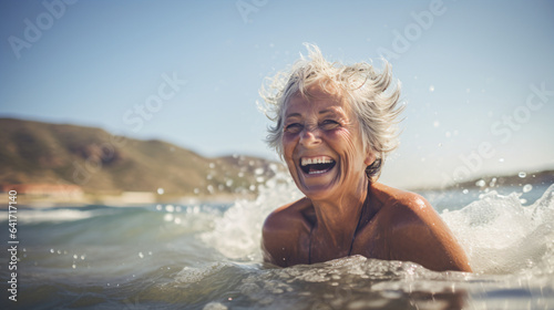 Portrait of a happy senior woman in the sea with blue sky  © Marc Kunze