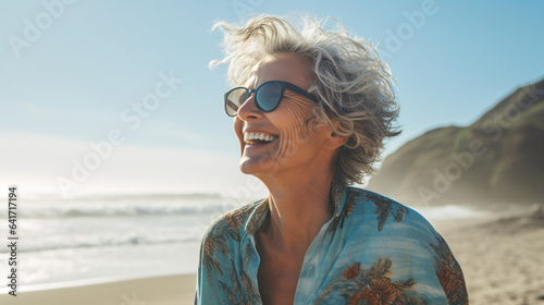 happy senior woman in hat and sunglasses on beach - summer holidays, travel, tourism and people concept