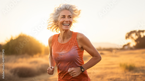 Portrait of smiling senior woman running in field at sunrise. Mature woman jogging outdoors.