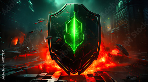 A radiant shield emblem, pulsating with neon-green energy, floating amidst a storm of malicious red-hued code streams