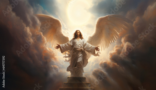 Abstract paint of Jesus Christ's figure rising from the tomb, surrounded by luminous clouds, as beam gently guide Him towards the heavens with outstretched arms.