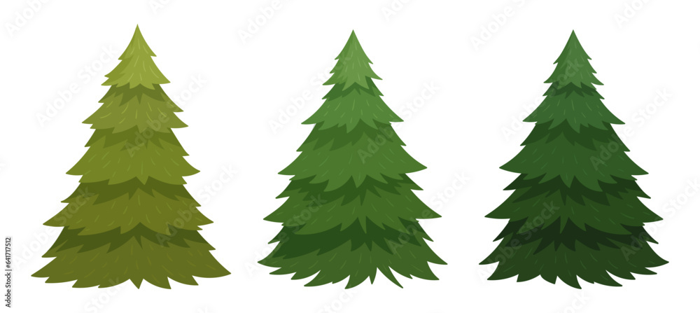 Fur tree set. Cartoon Christmas undecorated spruce trees. Xmas holidays flat vector illustration collection. Christmas green fur trees