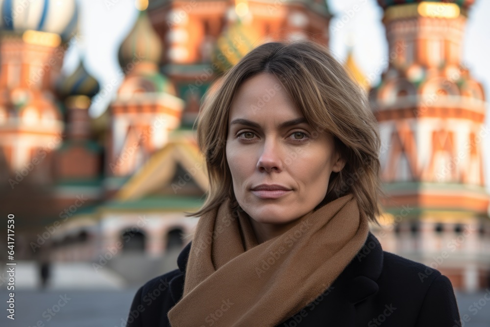 Medium shot portrait photography of a tender mature woman biting lip wearing a professional suit jacket in front of the saint basils cathedral in moscow russia. With generative AI technology