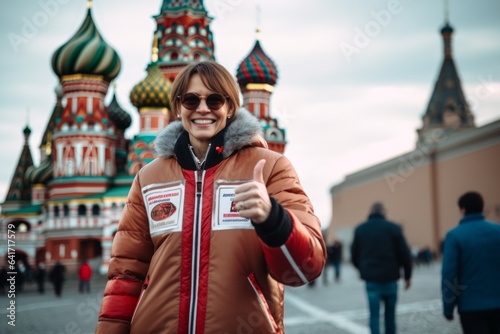 Medium shot portrait photography of a merry mature woman giving a thumbs up sporting a stylish varsity jacket in front of the saint basils cathedral in moscow russia. With generative AI technology