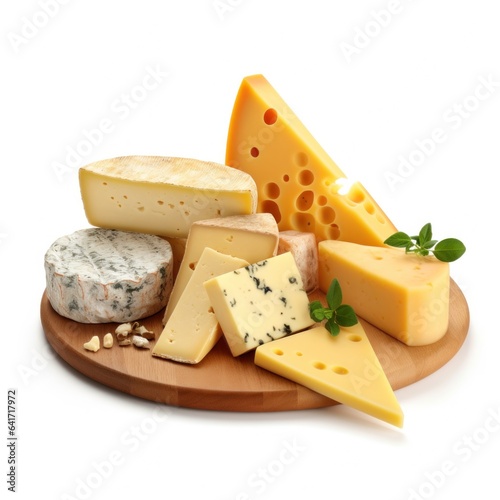 Cheese collection on wooden board isolated on white background with clipping path
