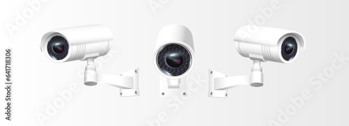 Circuit television cameras realistic set. External cctv. Surveillance equipment. Security monitoring system for smart home, company. Vector