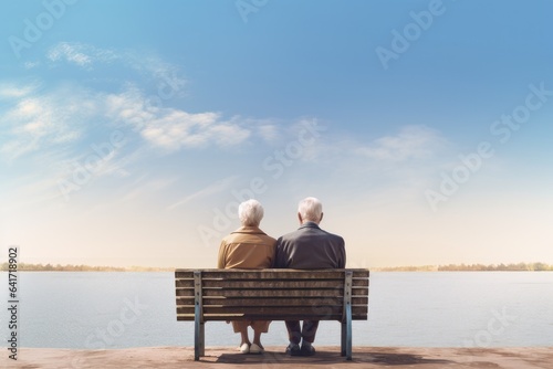 Elderly couple sitting on a park bench looking at the horizon, love life. Generative AI