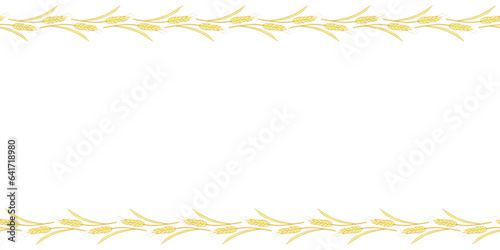 Vector Background, frame made of golden wheat or rye ears in doodle flat style. Horizontal top and bottom edging, border, decoration on theme of bakery products, flour, harvest, thanksgiving