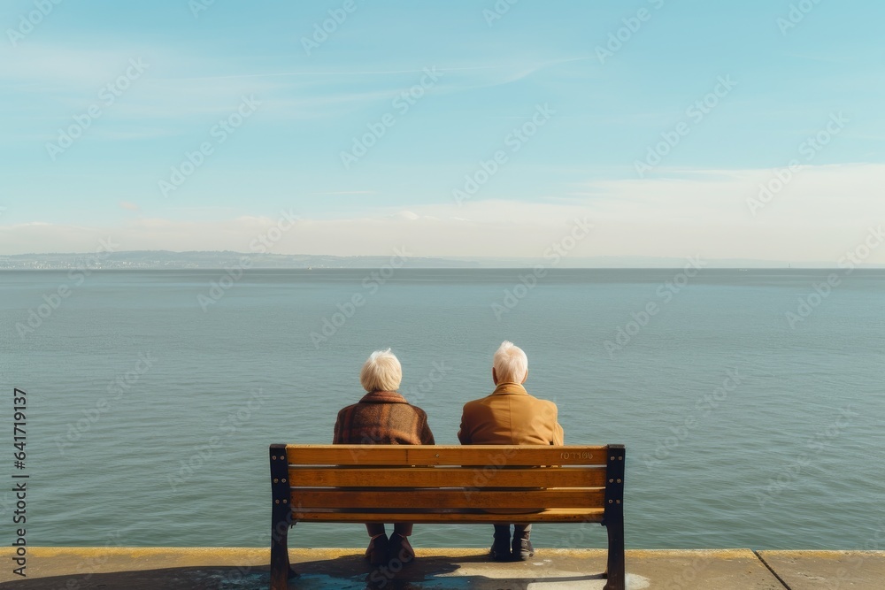 Elderly couple sitting on a park bench looking at the horizon, love life. Generative AI