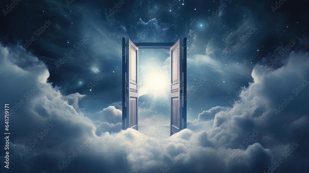 Landscape with door in the sky amidst the clouds. Generative AI